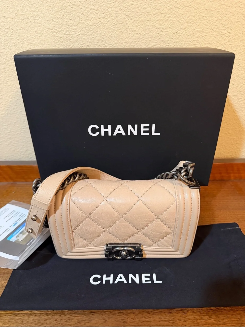 CHANEL Beige Quilted Boy Shoulder Bag with Dark Silver Hardware